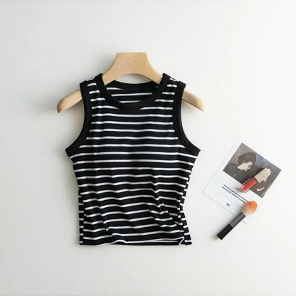 2025 Summer New Women's Tank Top Pajamas All Cotton with Chest Pads Tank Top with Stripe Sports Bottom Short Home Fur Ladies