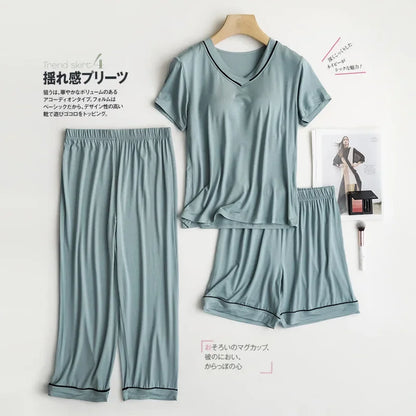2025 summer new women's pajamas 3-piece Modal large simple pajamas with bra short sleeves+shorts+trousers casual home wear