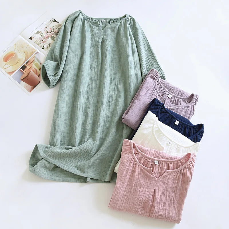2025 New Spring and Autumn Women's Sleeping Skirt 100% Cotton Crepe Colorful Sleeping Skirt Large Loose Home Skirt Nightgown