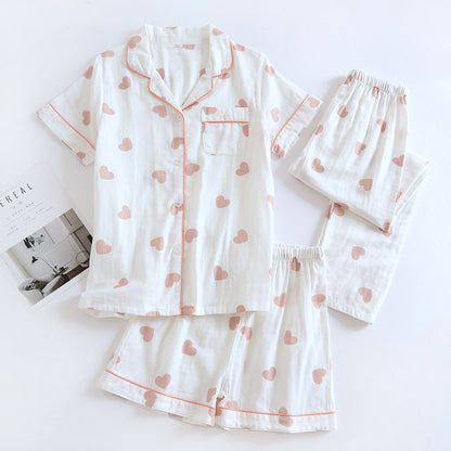 New spring and summer women's pajamas three-piece set short sleeves + shorts + trousers 100%cotton gauze love print homewear set