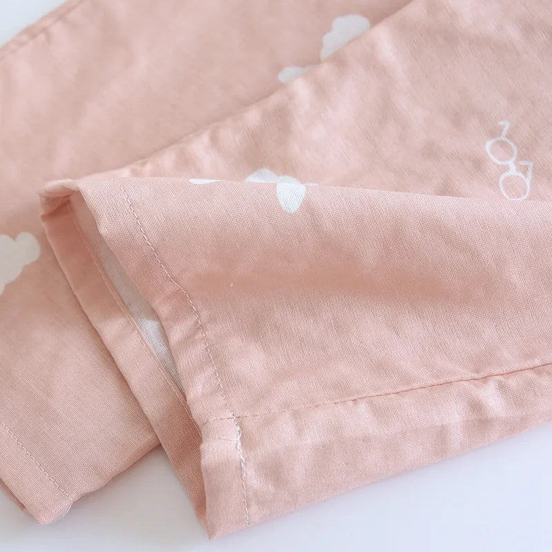Summer new couple pajamas three-piece set short-sleeved + shorts + trousers 100% cotton gauze men's and women's home clothes