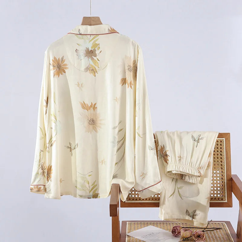 2025 New Spring/Summer Women's Pajama Set High Grade Viscose Long Sleeve Long Pants Two Piece Set Large Size Thin Home Clothing