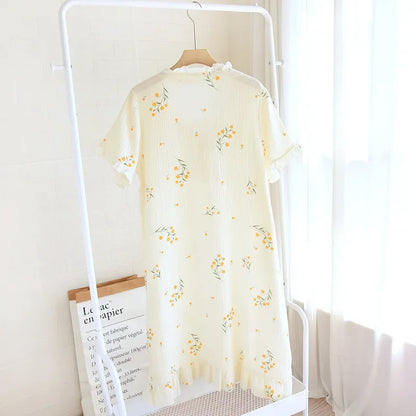 Summer new ladies nightdress 100% cotton crepe skirt thin short sleeve Japanese sweet and cute cardigan skirt home skirt women