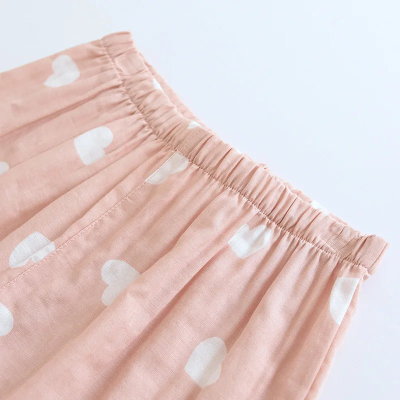 New spring and summer women's pajamas three-piece set short sleeves + shorts + trousers 100%cotton gauze love print homewear set