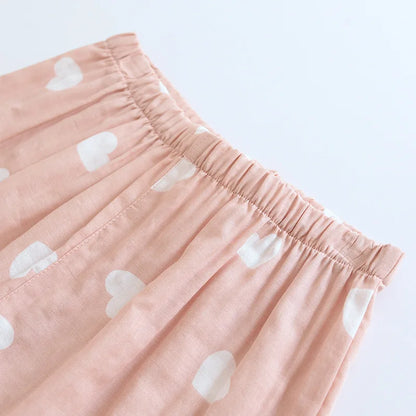 New spring and summer women's pajamas three-piece set short sleeves + shorts + trousers 100%cotton gauze love print homewear set