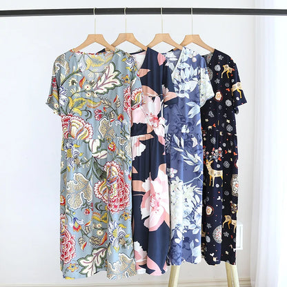 Summer New Ladies V-neck Nightdress 100% Viscose Short Sleeve Home Dress Floral Comfort Large Size Dress Thin Section women