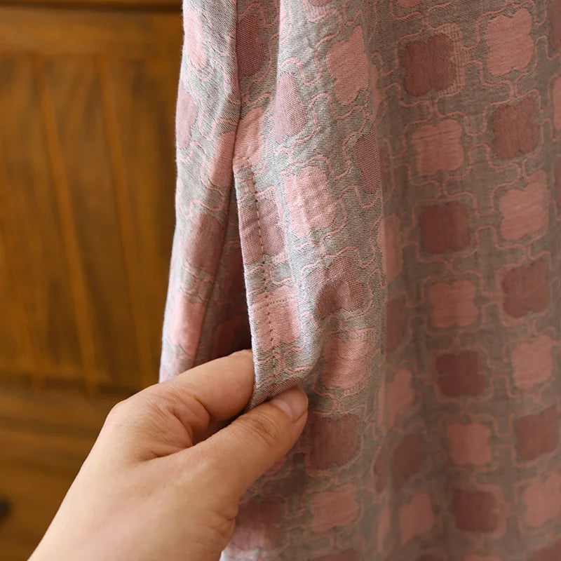 2025 New Summer Short Sleeve Sleeping Skirt 100% Cotton Yarn Weaving Jacquard Loose Pullover Mid length Plaid Skirt Home Dress