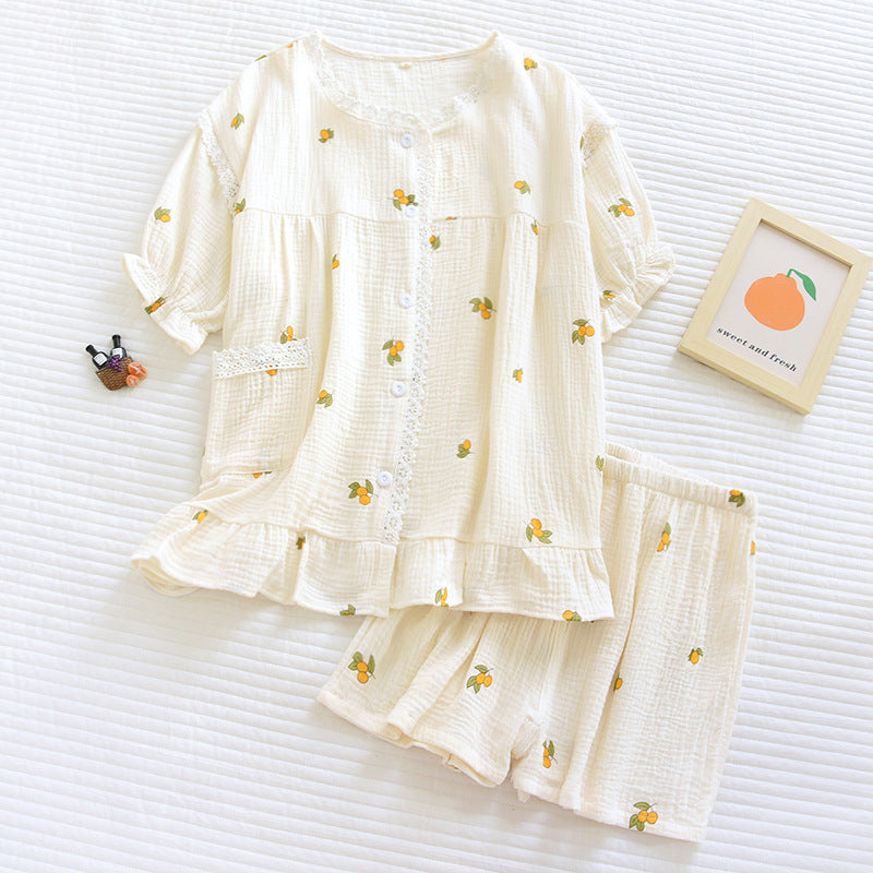 New summer ladies pajamas short-sleeved shorts two-piece set 100% cotton crepe suit female cute fresh home clothes plus size