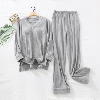 New Spring and Autumn Women's Pajamas Set V-Neck Cotton Thread Knitted Long Sleeve Pants Solid casual two-piece home clothes