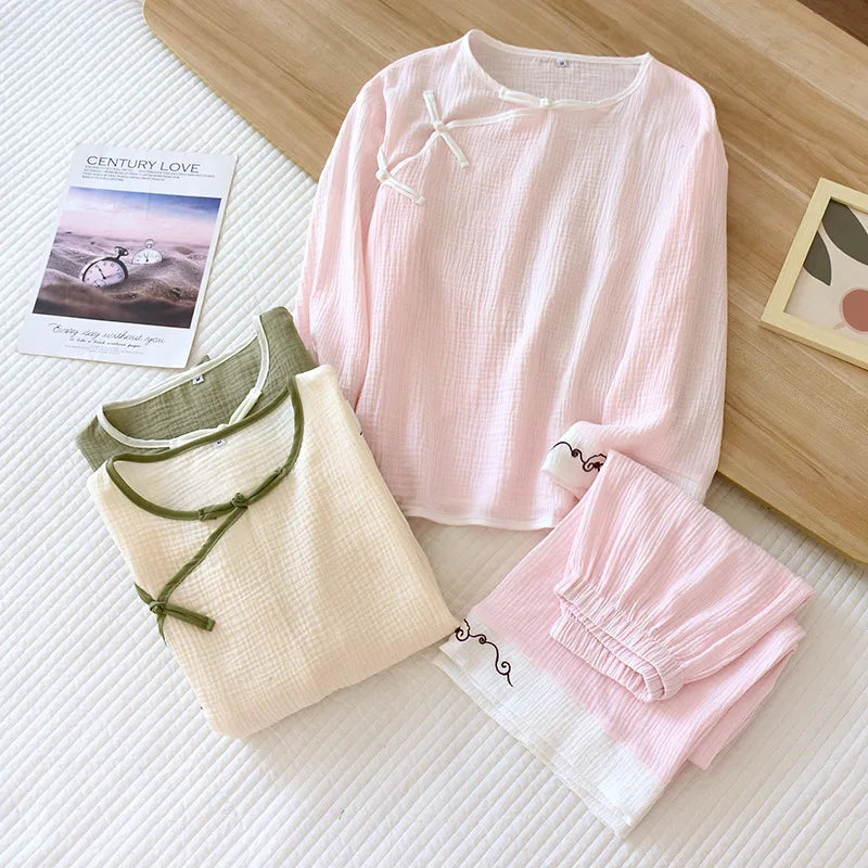2025 Spring and Autumn New Women's Pajama Set 100% cotton crepe long-sleeved trousers classic two-piece household clothes