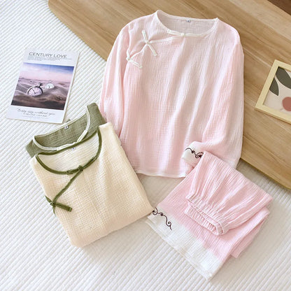 2025 Spring and Autumn New Women's Pajama Set 100% cotton crepe long-sleeved trousers classic two-piece household clothes