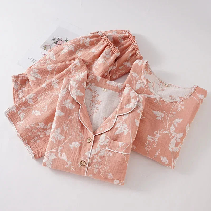 2025 New Spring and Autumn Women's Pajama Set 100% Cotton Gauze Jacquard Long Sleeve Long Pants Loose Home Clothes Two Piece Set