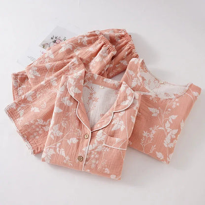 2025 New Spring and Autumn Women's Pajama Set 100% Cotton Gauze Jacquard Long Sleeve Long Pants Loose Home Clothes Two Piece Set