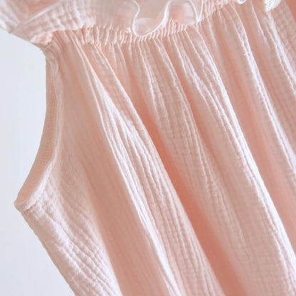 2025 summer new women's suspender nightdress 100% cotton crepe thin style solid color floral vest skirt home skirt sleepwear