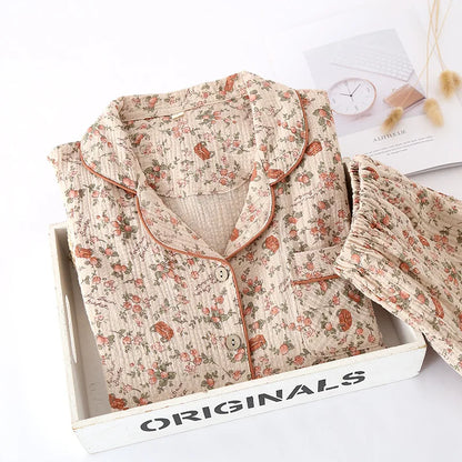 2025 Spring/Summer Women's New Pajama Set 100% Cotton Crepe Short Sleeves+Pants Flip Collar Vintage Flower Simple Homewear