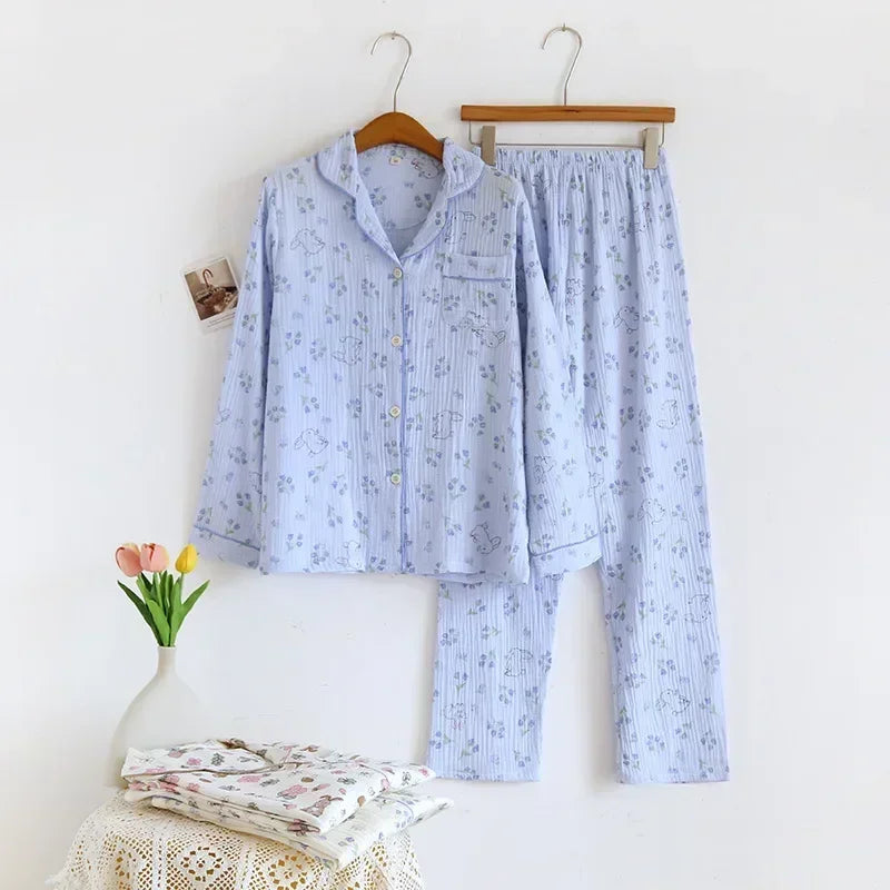 New large size pajamas women cotton crepe home service cotton long sleeve trousers suit simple and comfortable summer and autumn