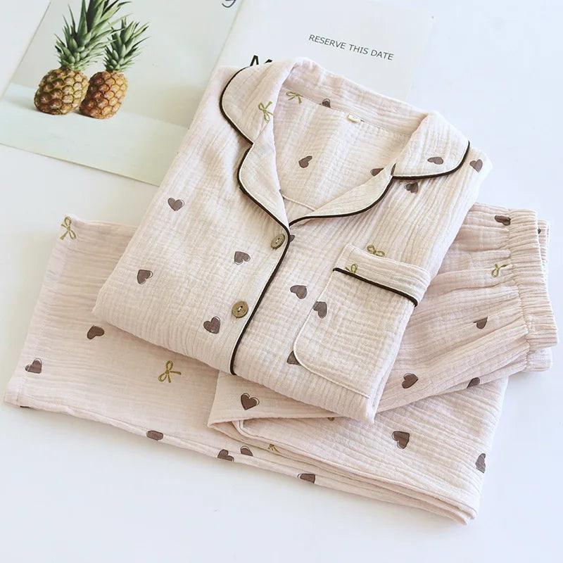 2025 New Spring/Summer Women's Pajama Set 100% Cotton Crepe Cute Love Long Sleeve Long Pants Two Piece Set Cardigan Home Clothes