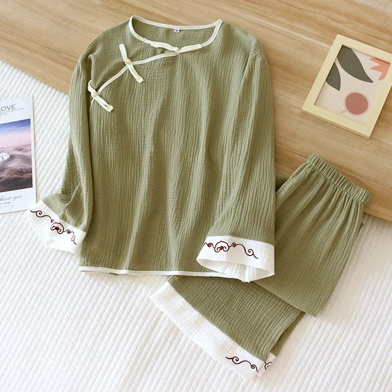 2025 Spring and Autumn New Women's Pajama Set 100% cotton crepe long-sleeved trousers classic two-piece household clothes