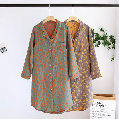 New Spring and Summer Women's Nightdress 100% Cotton Leaf Flower Long Sleeve Dress Large Home Dress Retro Long Sleeve Dress