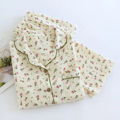 2025 Spring and Autumn Women's Pajama Set 100% Cotton Crepe Long sleeved Pants Two piece Cute and Sweet Home Fury Set Ladies