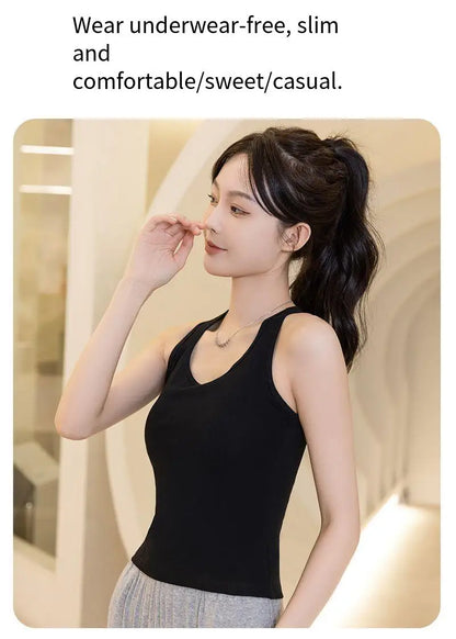 2025 New Women's Summer Pure Cotton Tank Top with Breast Pads Bra One Piece Racerback Backing Sleepwear Home Furnishing Top