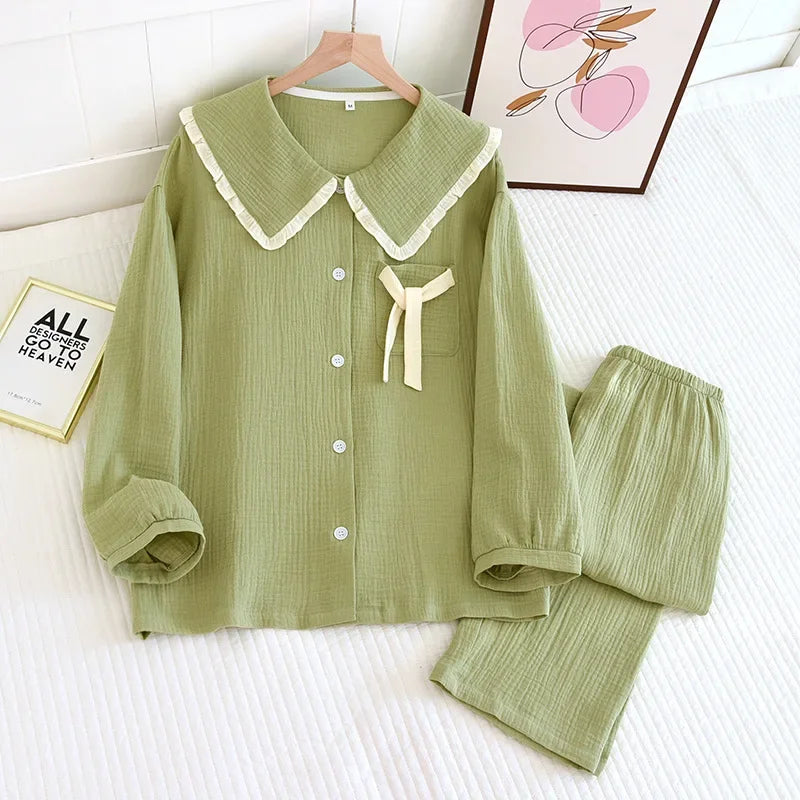 2025 new women's pajama suit 100% cotton crepe sweet lovely long-sleeved trousers two-piece home wear thin sleepwear women