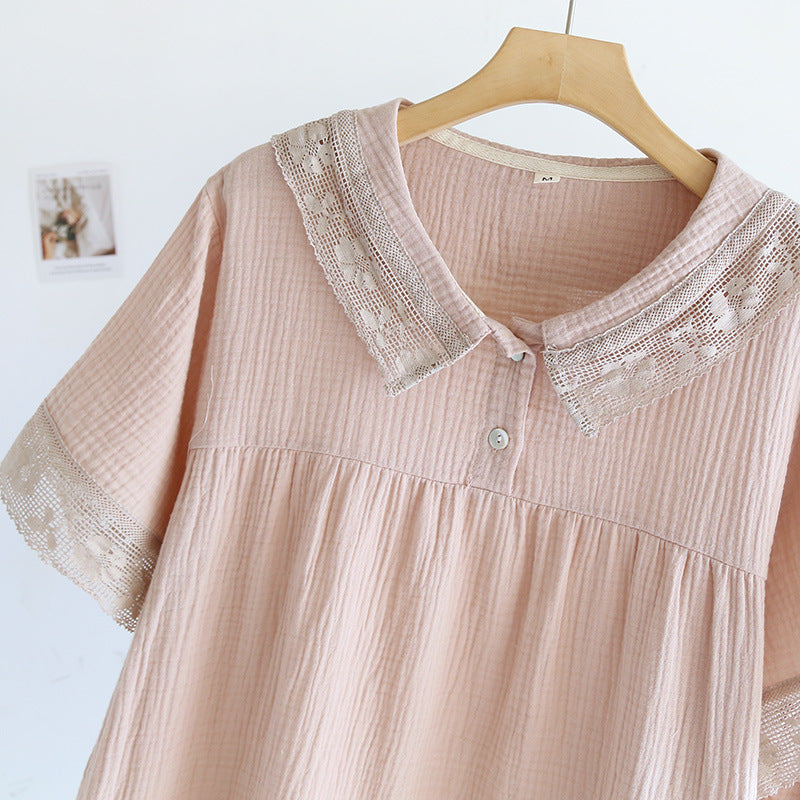 2025 New Japanese Women's Summer Pajama Set 100% Cotton Crepe Short Sleeve Shorts Two Piece Lace Neck Breathable Home Suit Set