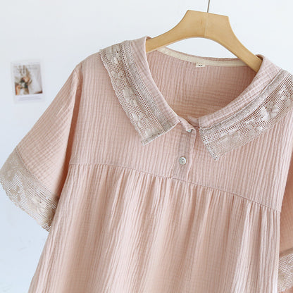 2025 New Japanese Women's Summer Pajama Set 100% Cotton Crepe Short Sleeve Shorts Two Piece Lace Neck Breathable Home Suit Set