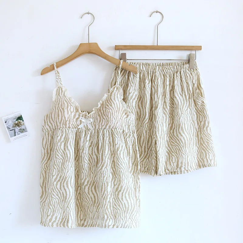 2025 Japanese Summer New Women's Pajama Set 100% Cotton Crepe Cloth Ladies Suspender+Shorts Two Piece Home Furnishing Set