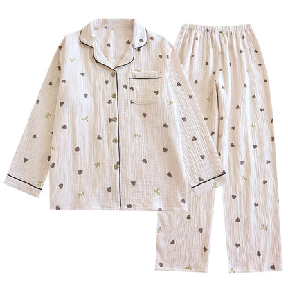2025 New Spring/Summer Women's Pajama Set 100% Cotton Crepe Cute Love Long Sleeve Long Pants Two Piece Set Cardigan Home Clothes