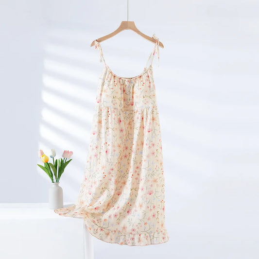 2025 New Summer Women's Sleeping Skirt 100% Cotton Bra Free Strap Skirt Thin Large Floral Dress Summer Dress Sleepwear Women