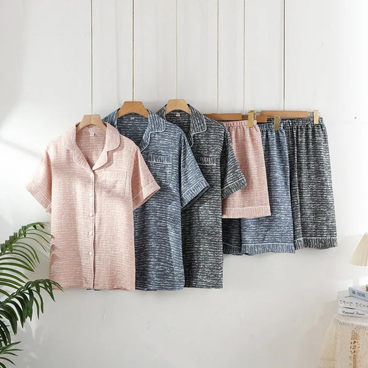 2025 New Summer Couple's Pajama Set 100% Cotton Men's and Women's Short Sleeve Shorts Two Piece Set Thin Home Clothing
