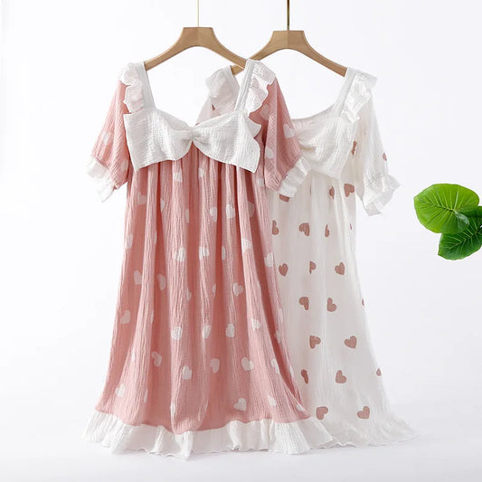 New Summer Long Dress Ladies Short Sleeve Nightdress 100% Cotton Crepe Loose Home Cute Bow Love Dress Home Skirt sleepwear women