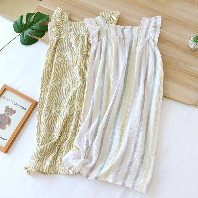 2025 Summer New Women's Sleeping Skirt 100% Cotton Crepe Sling Skirt Soft and Comfortable Sleeveless Tank Top Home Dress Ladies