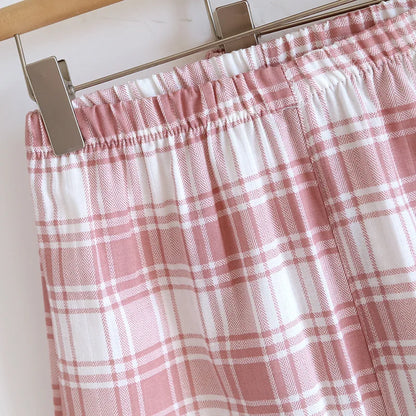 2025 New Summer Women's Pajama Set 100% Cotton Gauze Thin Short Sleeve+Shorts+Pants Simple Checkered Home Furnishing Set