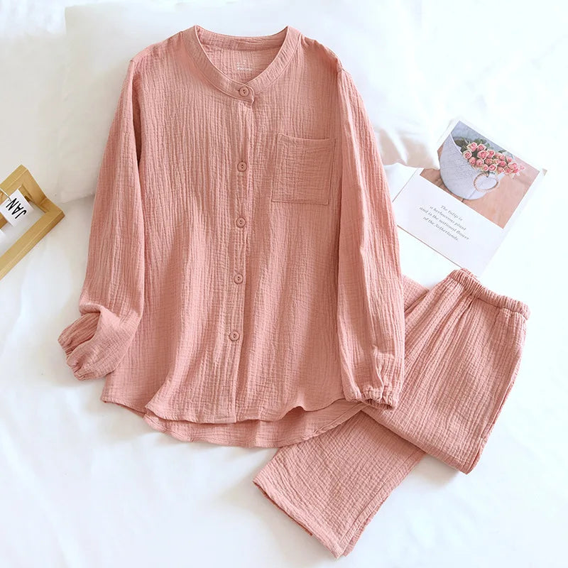 2025 New Spring and Autumn Couple Pajama Set 100%Cotton Crepe Fabric Men's and Women's Long Sleeve Pants Home Suit Two Piece Set