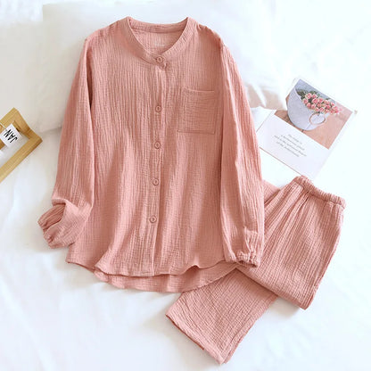 2025 New Spring and Autumn Couple Pajama Set 100%Cotton Crepe Fabric Men's and Women's Long Sleeve Pants Home Suit Two Piece Set