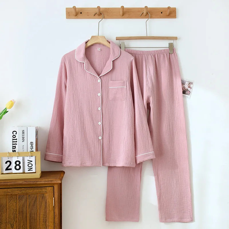 New Spring and Autumn Couple Pajamas Set 100%Cotton Crepe Long Sleeve Pants Two Piece Men's and Women's Large Size Home Garments