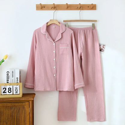 New Spring and Autumn Couple Pajamas Set 100%Cotton Crepe Long Sleeve Pants Two Piece Men's and Women's Large Size Home Garments