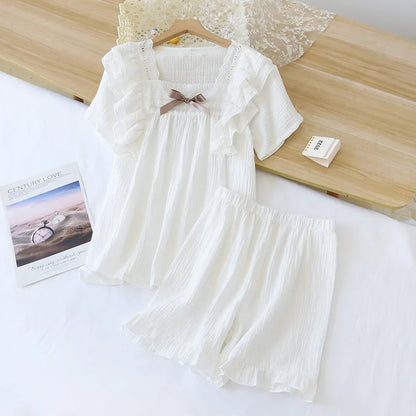 Japanese summer new short-sleeved shorts ladies pajamas set 100% cotton crepe solid color fresh home clothes two-piece set