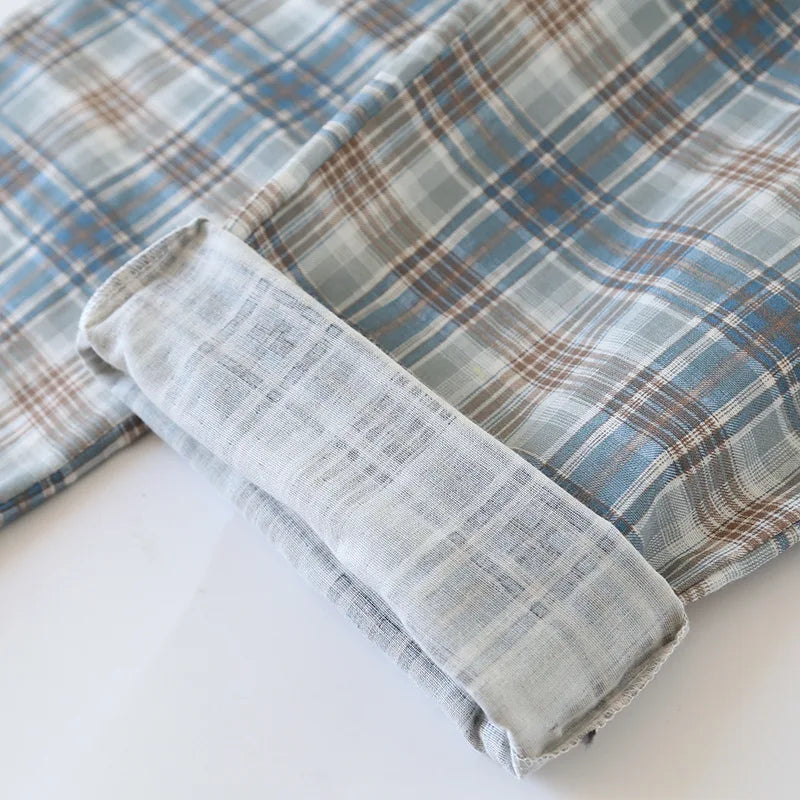 2025 Japanese New Men's Pajama Set Spring/Summer Checkered Simple Long sleeved Two Piece Set 100%Cotton Cardigan Home Furnishing