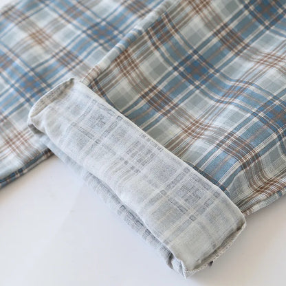 2025 Japanese New Men's Pajama Set Spring/Summer Checkered Simple Long sleeved Two Piece Set 100%Cotton Cardigan Home Furnishing