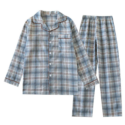 2025 Japanese New Men's Pajama Set Spring/Summer Checkered Simple Long sleeved Two Piece Set 100%Cotton Cardigan Home Furnishing