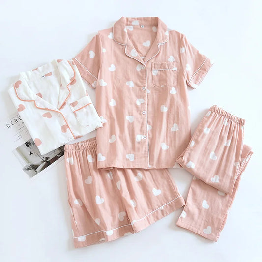 New spring and summer women's pajamas three-piece set short sleeves + shorts + trousers 100%cotton gauze love print homewear set