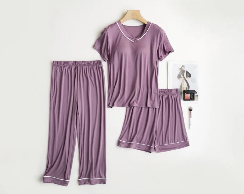 2025 summer new women's pajamas 3-piece Modal large simple pajamas with bra short sleeves+shorts+trousers casual home wear