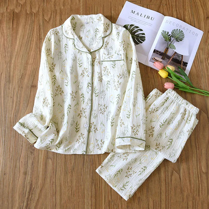 2025 Spring and Autumn Women's Pajama Set 100% Cotton Crepe Long sleeved Pants Two piece Cute and Sweet Home Fury Set Ladies
