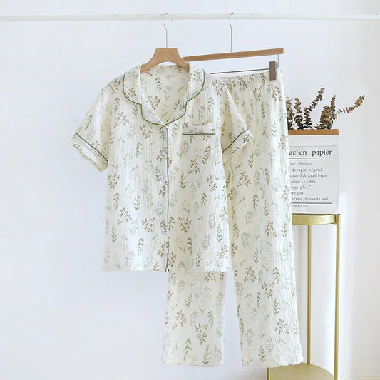 2025 New Spring/Summer Women's Pajama Set 100% Cotton Crepe Short Sleeve+Pants Two Piece Set for Women's Cute Home Furnishings