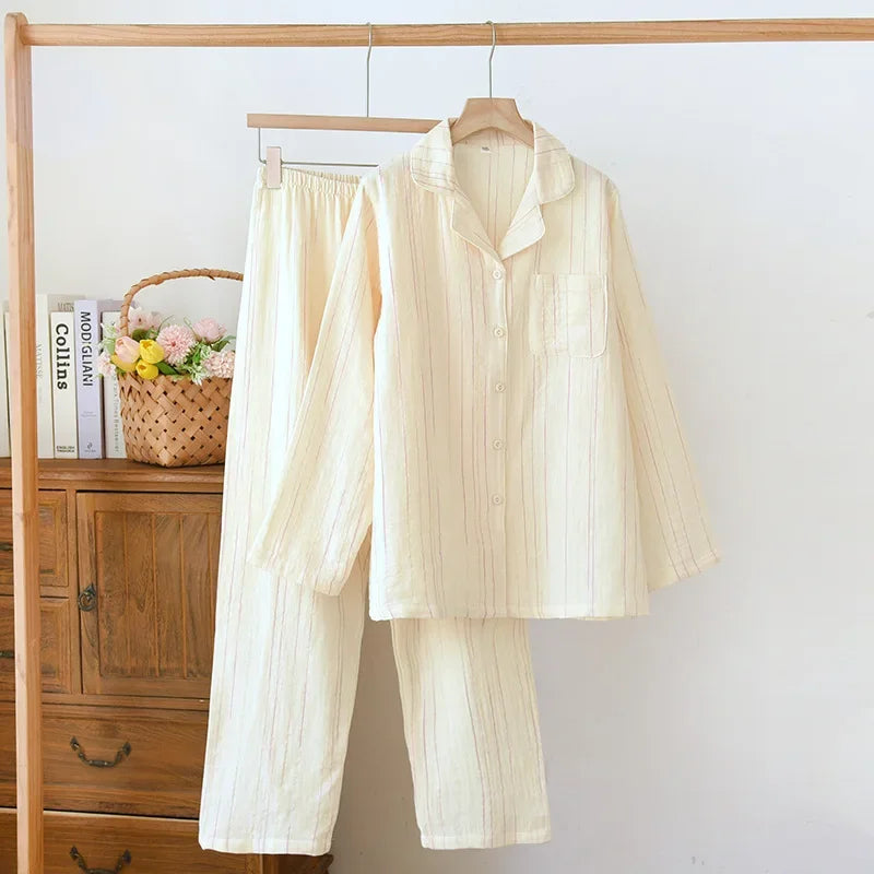 2025 Spring and Autumn New Japanese Pajama Set 100% Cotton Striped Long Sleeve Long Pants Two Piece Set Thin Home Clothing