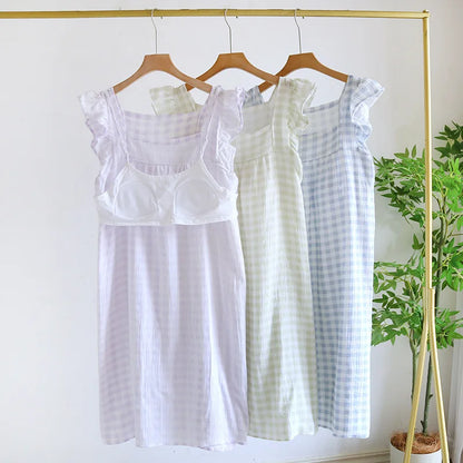 2025 Summer New Women's Sleeping Skirt Tank Top 100% Pure Cotton Large Size Loose Plaid with Chest Cushion Dress Home Fury