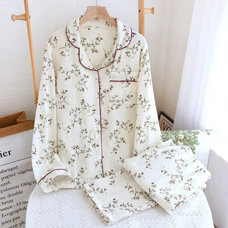 2025 Spring and Autumn Women's Pajama Set 100% Cotton Crepe Long sleeved Pants Two piece Cute and Sweet Home Fury Set Ladies
